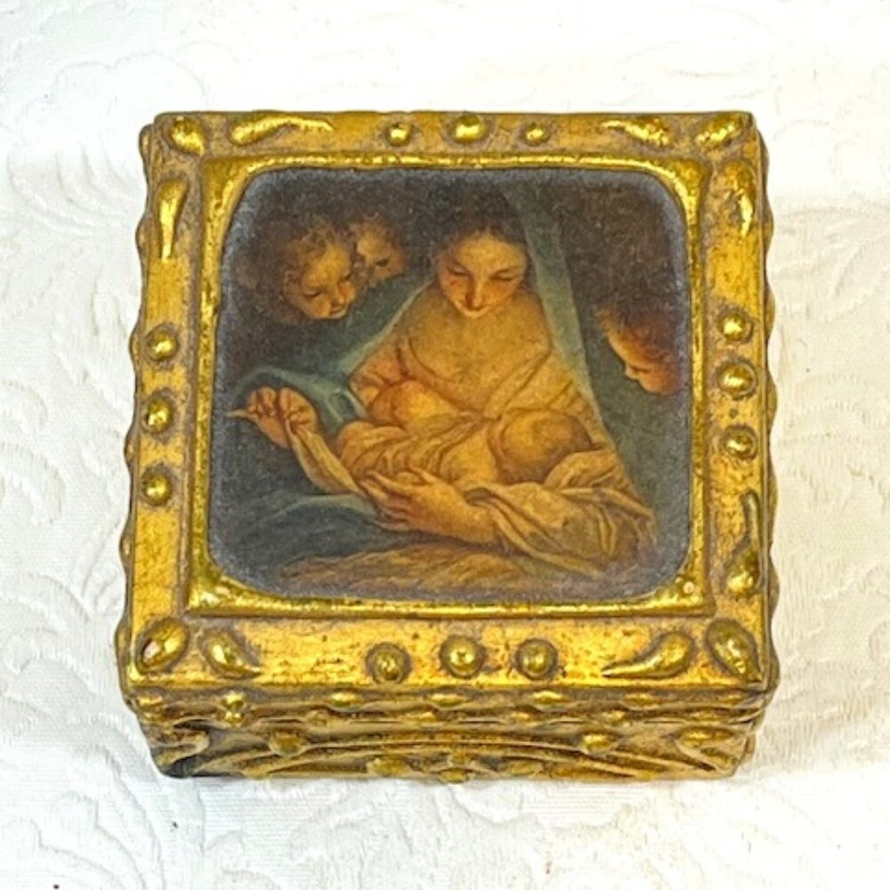 VTG Italian Florentine Mini Wooden Trinket Box Madonna & Child Hinged 2.5"
